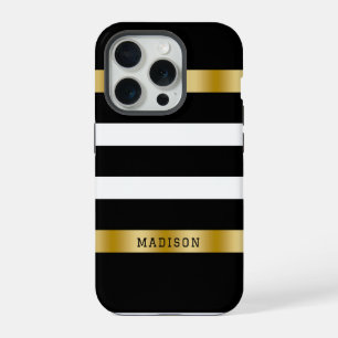 Coque iPhone 15 Pro Bandes blanches et noires accents or motif accent