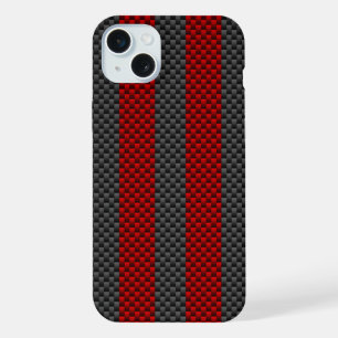 Coque iPhone 15 Plus Bandes de course de style fibre de carbone rouge B
