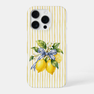 Coque iPhone 16 Pro Bandes jaunes Nœud bleu Fleur de citron