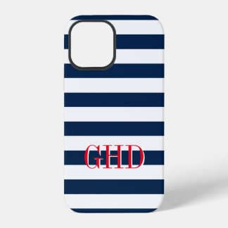 Coque iPhone 12 Bandes marines bleu et blanc nom personnalisé