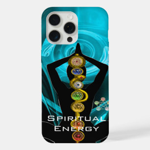 Coque iPhone 15 Pro Max BÂTON ASCLÉPIUS, 7 CHAKRAS YOGA POSE DU LOTUS Bleu