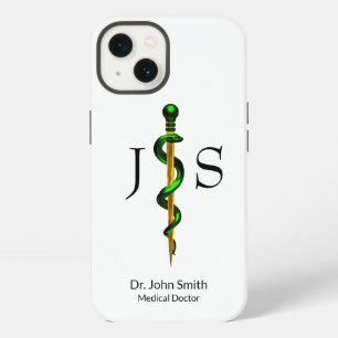 Etui iPhone 13 Bâton médical herbal doré vert d'Asclepios