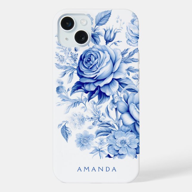 Coque iPhone Beau bleu/blanc Roses personnalisés (Verso)
