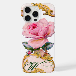 Coque iPhone 15 Pro Max BEAU MONOGRAMME DE ROSE ROSE PÂLE, Bleu sarcelle