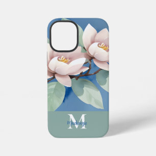 Coque iPhone 12 Mini Beaux Magnolias Personnalisés Bleu et blanc