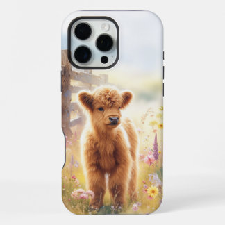 Coque iPhone 16 Pro Max Bébé adorable vache Highland dans un champ de fleu