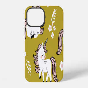 Coque iPhone 12 Bébé licornes, fleurs, motif vintage jaune.