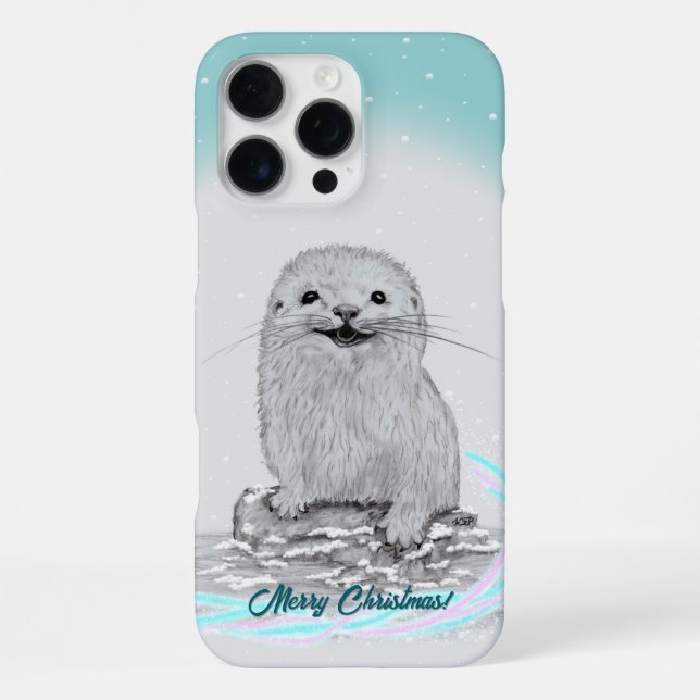 Coque iPhone Bébé loutre de mer blanche mignonne, Joyeux Noël (Verso)