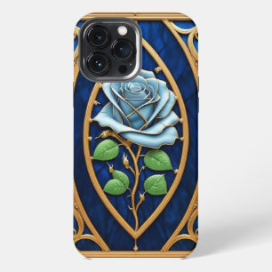 Etui iPhone 13 Pro Max Belle fenêtre en verre coloré avec rose bleue