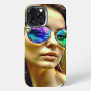 Etui iPhone 13 Pro Max Belle Fille avec Reflet de Lunettes de Soleil Fleu