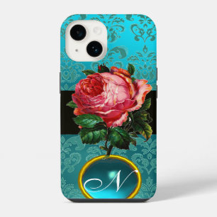 COQUE POUR iPhone 14 BELLE ROSE ROSE BLEUE TEINTÉE DAMASSÉE GEMME MONOG