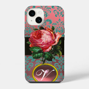 COQUE POUR iPhone 14 BELLE ROSE ROSE BLEUE TEINTÉE DAMASSÉE GEMME MONOG