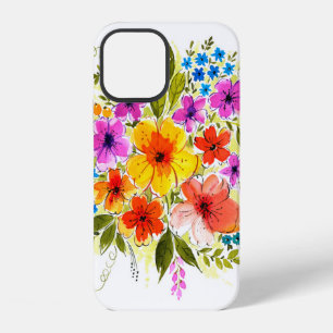 Coque iPhone 12 Belles fleurs, feuilles, bourgeons et herbe, peint