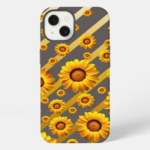 Etui iPhone 13 Belles fleurs jaunes sur des rayures grises et dor