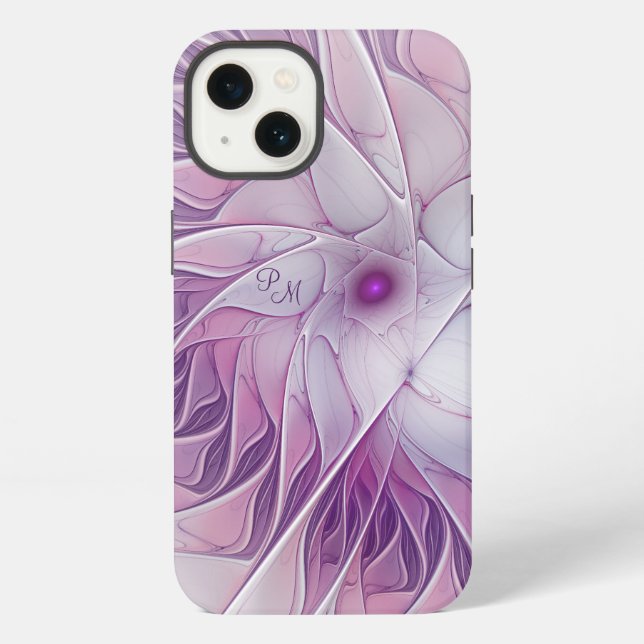 Coque iPhone Belles Initiales Fractales Abstraites de Fleur Ros (Verso)