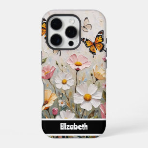Coque iPhone 16 Pro Belles papillons Monarque Fleurs sauvages colorés