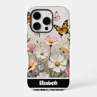 Coque iPhone 16 Pro Belles papillons Monarque Fleurs sauvages colorés