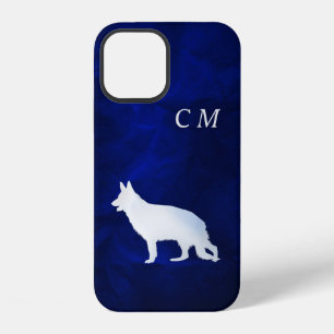 Coque iPhone 12 Berger allemand en argent Chien Royal Blue Monogra