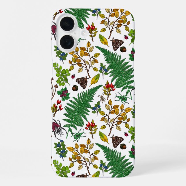 Coque iPhone Berries forestières, feuilles et buissons sur blan (Verso)