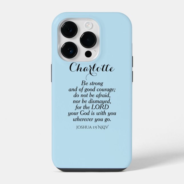 Coque iPhone Bible Verset Courage Bleu Clair Nom Simple Personn (Verso)