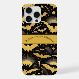 Coque iPhone 15 Pro Max Bienvenue dans votre cauchemar Chauve-souris dorée