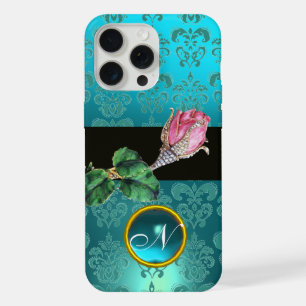 COQUE iPhone 15 PRO MAX BIJOU À BOURGEON DE ROSE ROSE, GEMME DE DAMAS BLEU