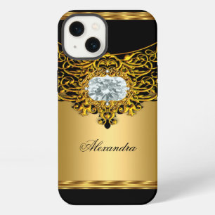 Etui iPhone 13 Bijou fleuri de diamant de noir majestueux d'or