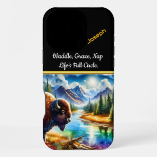 Coque iPhone 16 Pro Max Bison majestueux au bord d'une rivière de montagne