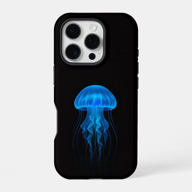 Coque iPhone Black 4 Luxe iPhone 16 Pro, Méduse Bleue Néon (Verso)