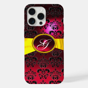 Coque iPhone 15 Pro Max BLACK RED DAMASK MONOGRAM Gold Yellow Ribbon