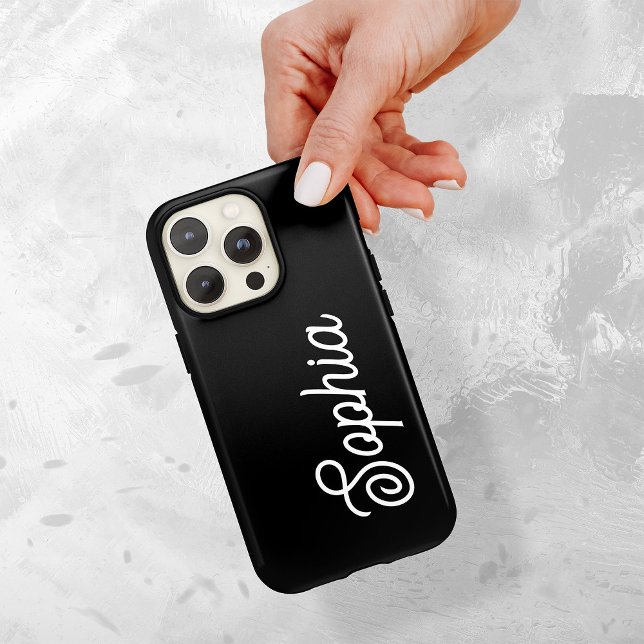 Coque iPhone Black | Votre nom dans le script rétro (A bold, statement making phone case on a dark black background, with your name in retro white script)