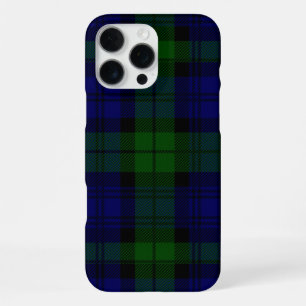 Coque iPhone 16 Pro Max Black Watch Tartan bleu vert Plaid