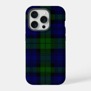 Coque iPhone 15 Pro Black Watch Tartan bleu vert Plaid