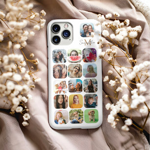 Coque iPhone 16 Pro Max Blanc Moderne Collage de 16 Photos & Monogramme
