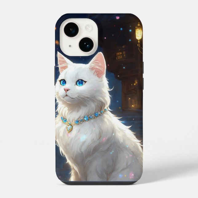 Coque iPhone blanc, yeux bleus chat iPhone 14 Tough Coque, Glos (Verso)