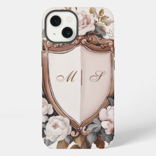 Etui iPhone 13 Blason de mariage rococo aux pivoines roses vintag