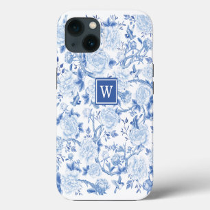 Etui iPhone 13 Bleu Blanc Chinoiserie Oiseau Peony Jardin Monogra