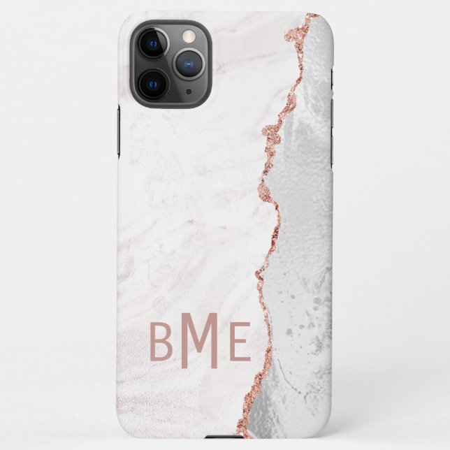 Coque iPhone Bleu blanc & Rose Or Agate Marbre Monogramme (Dos)