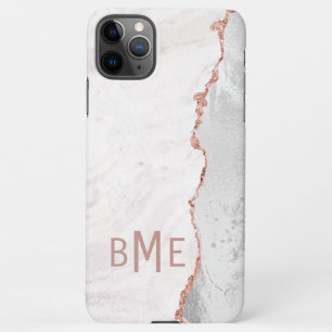 Coque iPhone 11Pro Max Bleu blanc & Rose Or Agate Marbre Monogramme