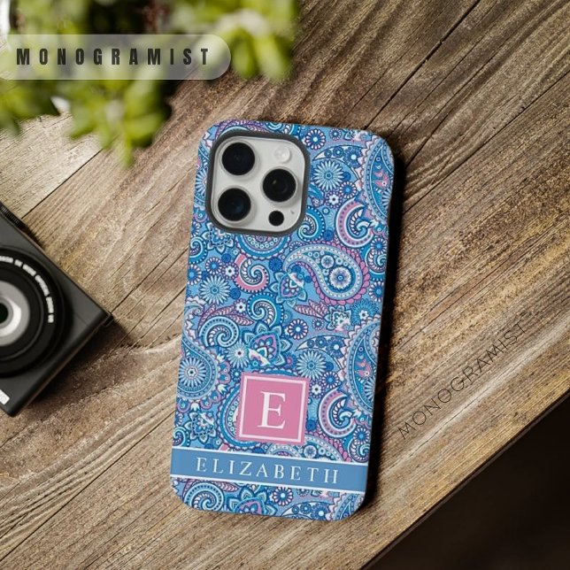 Coque iPhone Bleu Bleu Clair Pink Paisley Patte (Customized Bright Blue White Pink Paisley Patte iPhone Case)