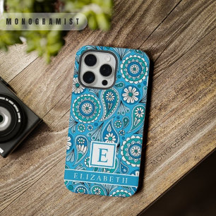 Coque iPhone 15 Pro Max Bleu clair blanc personnalisable Paisley lumineux