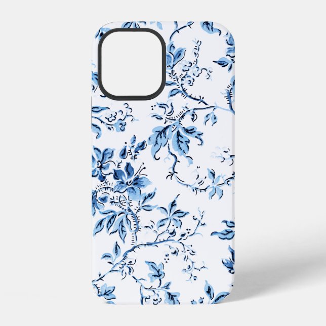 Coque iPhone Bleu Delft Élégant Floral Blanc et Bleu (Verso)