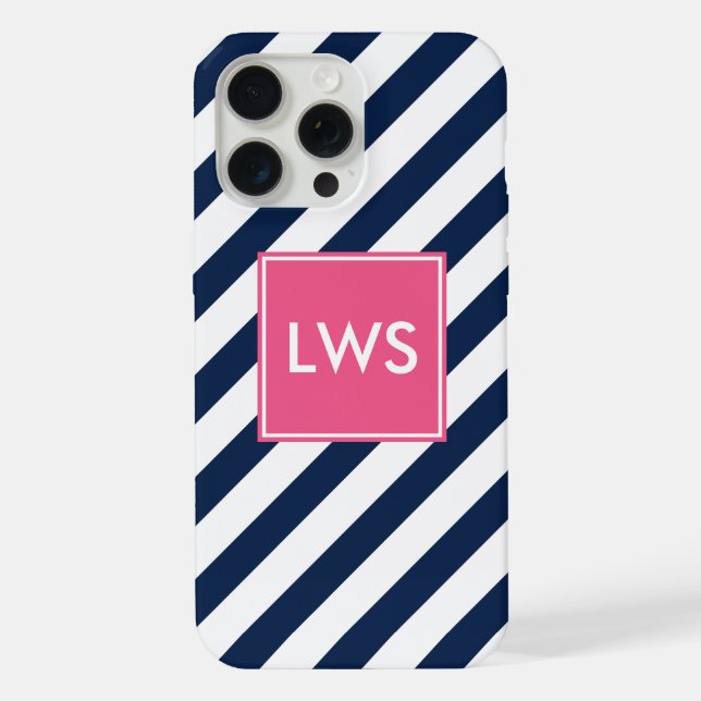 Coque iPhone Bleu et rose Diagonal Stripes Monogramme (Verso)