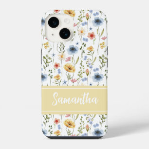 Coque Pour iPhone 14 Bleu Jaune Rose Nom de Fleur Sauvage à l'Aquarelle