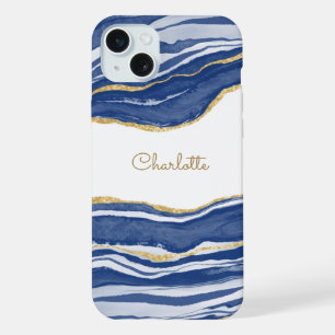 Coque iPhone 15 Plus Bleu Marbre Agate Parties scintillant or Personnal