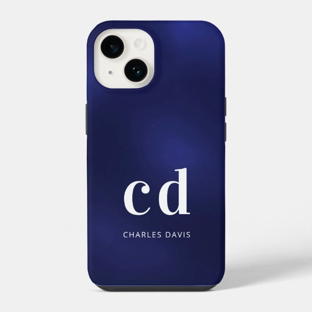 Coque iPhone Bleu marine blanc monogramme initiales nom minimal (Verso)