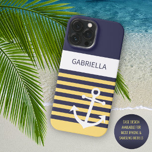 Coque iPhone 15 Pro Max Bleu marine foncé blanc jaune ensoleillé rayures p