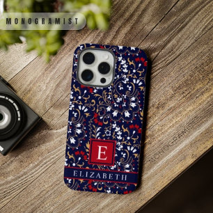 Coque iPhone 15 Pro Max Bleu marine foncé rouge blanc Paisley personnalisa