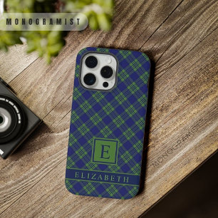 Coque iPhone 15 Pro Max Bleu marine foncé vert à carreaux personnalisable