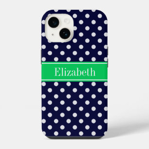 Coque Pour iPhone 14 Bleu Marine Points Blancs Vert Emeraude Monogramme
